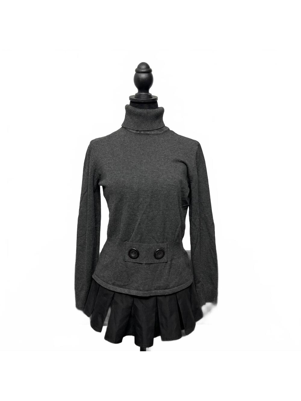 Y2K Orly Sz M Dark Grey Turtleneck Sweater With Ribbed Buttoned Waist Band